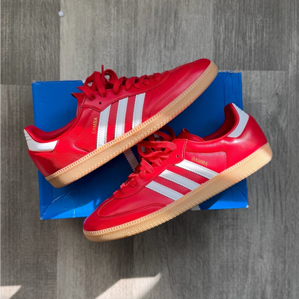 Adidas Red and White Samba Sneakers with Gum Sole